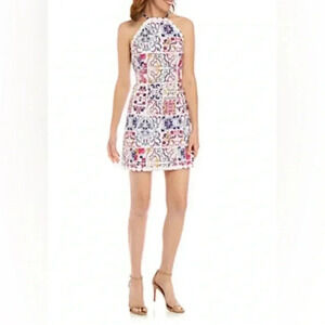 Crown Ivy Cotton Stretch Multi Colored White Eyelet Trim Sheath Dress Sz 12